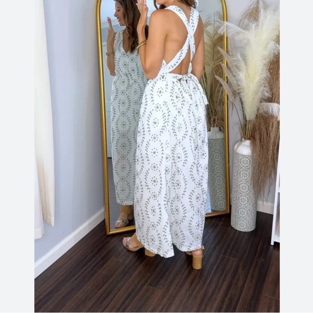 A New Day White Backless Dress with Green Pattern